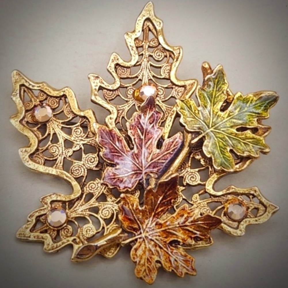 Timeless Kenneth Cole Brooch Pin Jeweled Colored Enamel Leaves Stones Gold Tone